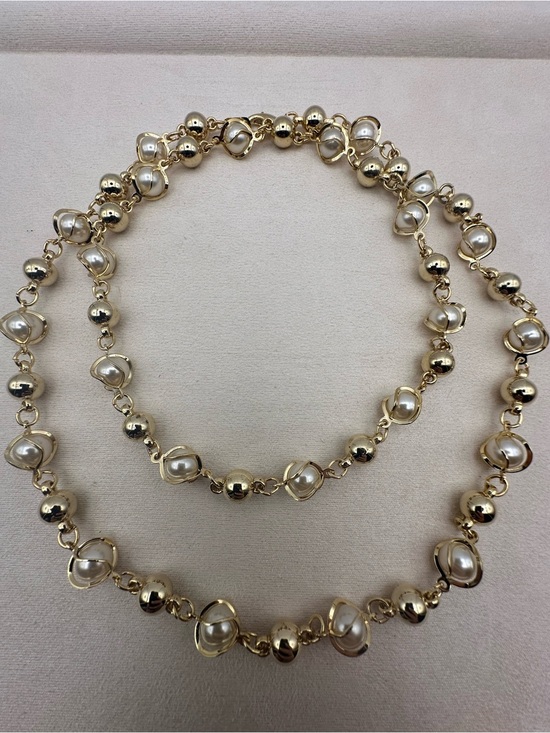 Jewelry - Gold Tone Faux Pearl Station Chain Necklace Caged Swirl Bead Long Statement 36"